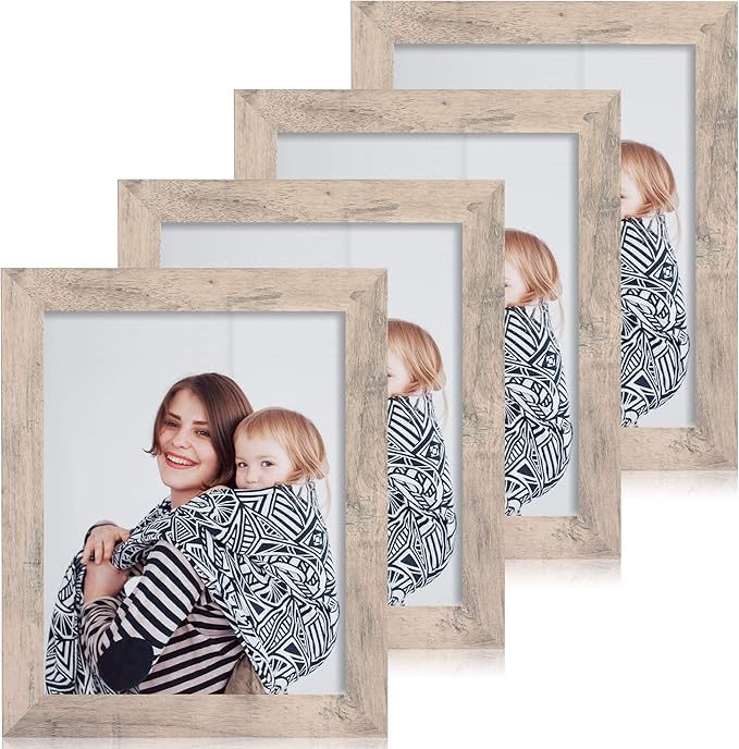 8x10 Picture Frame Set of 4, Smoke Gray Frame with High Definition Real Glass, 8 x 10 Wood Photo Frame for Tabletop Display and Wall Mounting
