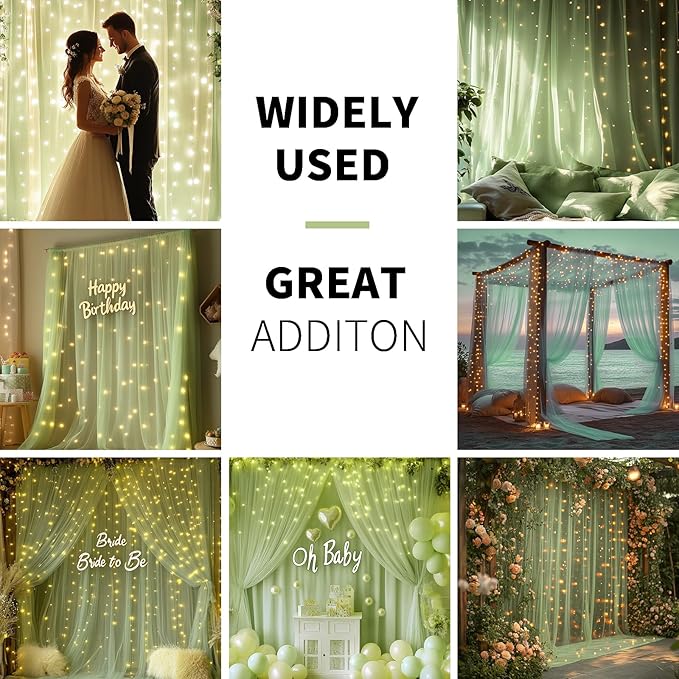Sage Green Tulle Backdrop Curtain with Lights String - 10x10ft Sheer Backdrop with 300 LEDs for Wedding, Baby Shower, Bridal Shower, Birthday Party Photo Shoot Background and Home Decorations