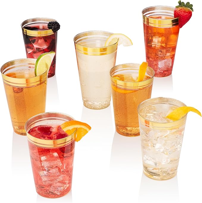 Perfect Settings 100 Premium 14oz Hard Plastic Cups Clear Glitter Gold Plastic Double Line Rimmed Cups Fancy Disposable Wedding Cups Elegant Party Cups with Twin Colored Rim (Glitter Gold Rim, 14)