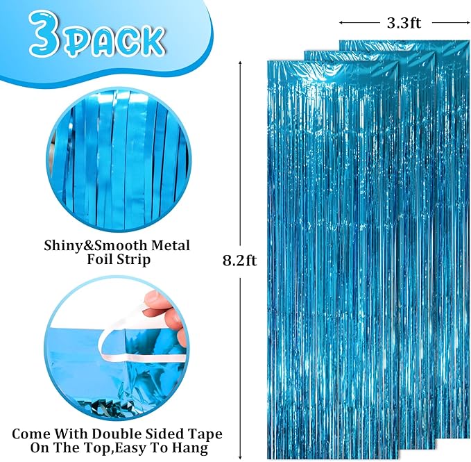 3 Pack 3.3 x 8.2 ft Retro Blue Foil Fringe Backdrop Curtains, Tinsel Streamers Party Decorations, Fringe Backdrop, Door Shimmer for Retro Theme Party