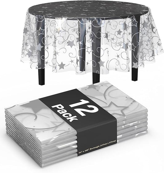 Exquisite Clear Silver Star Tablecloth Plastic 12-Pack Disposable Round Tablecloths 84" Silver Star Table Cloths Round Table Covers Plastic Tablecloth for Party Decorations