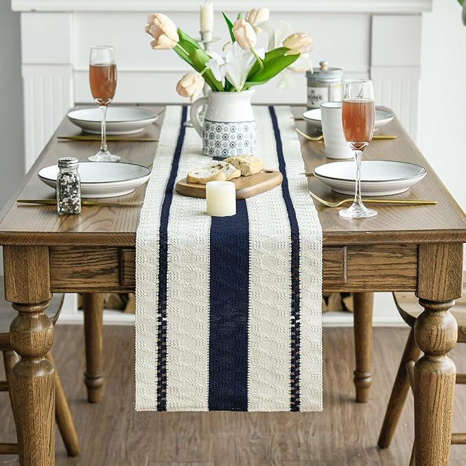 Artoid Mode Dark Blue Farmhouse Woven Rustic Table Runner, Seasonal Holiday Hollow Kitchen Dining Table Decoration for Home Party Decor 12x36 Inch