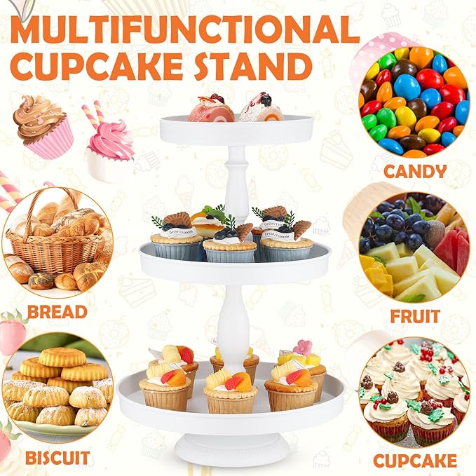 Maxdot 2 Pcs 3 Tier Cupcake Stand Holder, Round Cupcake Stand Serving Tray, Metal Tiered Tray Pastry Dessert Cake Tower Display Stand for Baby Shower Tea Party, Wedding and Birthday (White)