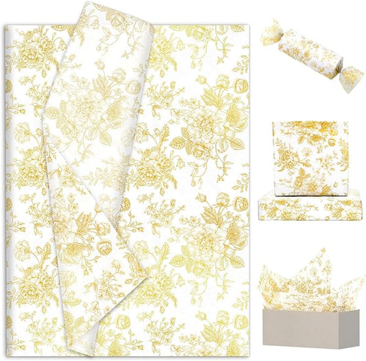 JarThenaAMCS 100 Sheets Floral Tissue Paper Gold Flower Gift Wrapping Paper Vintage Decorative Art Paper for Home Party DIY Crafts Supplies, 14 x 20 Inch