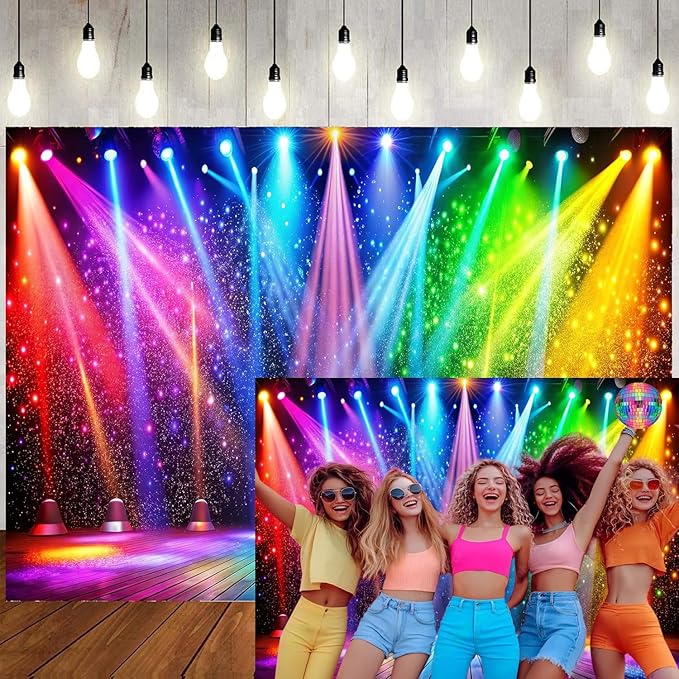 LTLYH 10x8ft Fabric Disco Rainbow Stage 70s 80s 90s Backdrop Vintage Lights Photography Background Rock Music Club Neon Glow Party Decorations Photo Banner 312