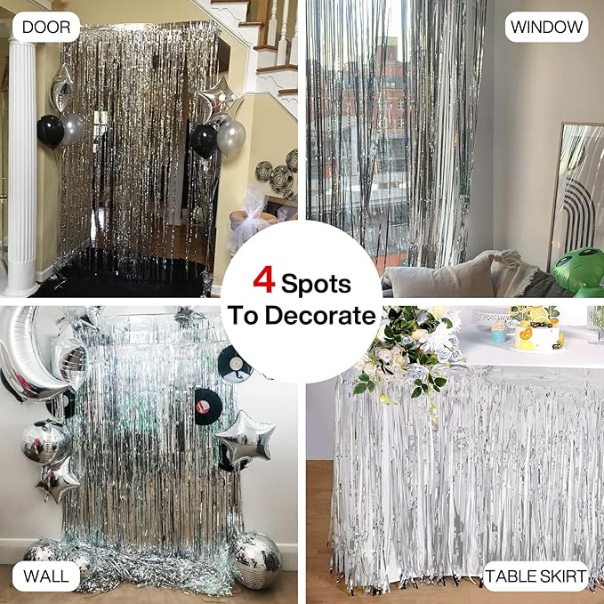 PartyWoo Foil Fringe Curtains Silver, 2 pcs 3.3x6.6 ft Silver Streamers, Fringe Backdrop, Tinsel Backdrop, Tinsel Curtain, Metallic Door Shimmer, Birthday Party Streamers, Christmas Decorations