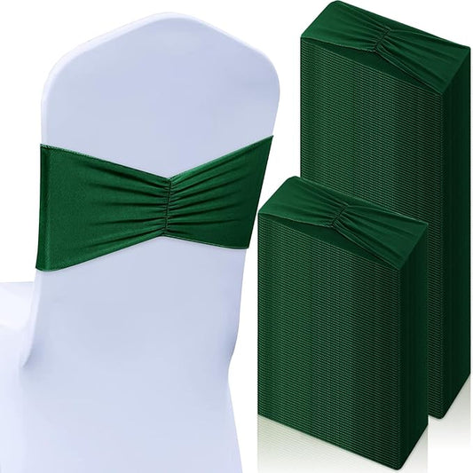 Moukeren 100 Pcs Spandex Chair Sashes Bows Bands Slider Sashes for Chair Covers Elastic Bands Ties Ribbon Decorations for Wedding Party Events Ceremony Birthday Banquet (Dark Green)
