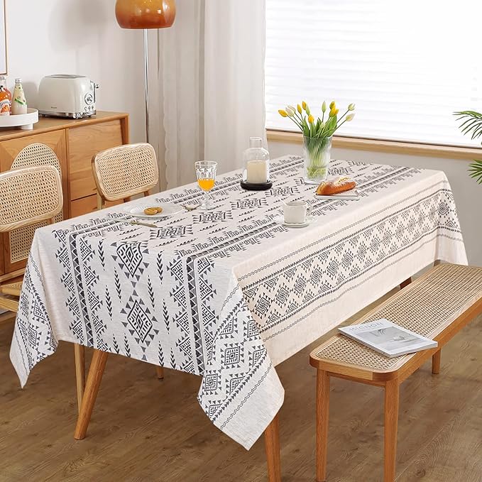 MYSKY HOME 60x120 Boho Rectangle Tablecloth Linen Farmhouse Tablecloth Waterproof Decorative Fabric Table Cloth for Kitchen Dining Bohemian Tablecloth for 8 Feet Table, Grey