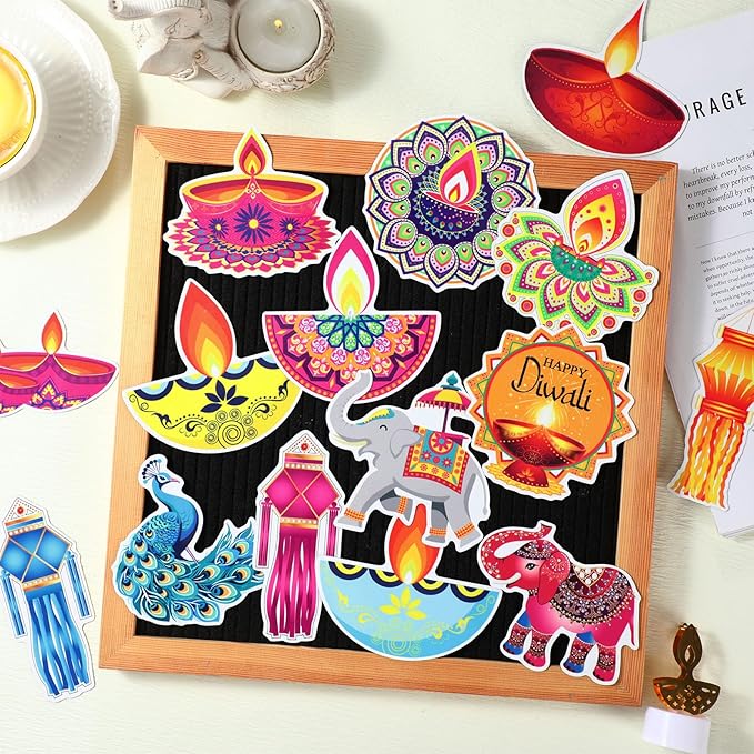 Xuhal 25 Pcs Happy Diwali Magnets Decoration Colorful Elephants Lanterns Oil Lamps Peacock Decorative Fridge Magnetic Stickers for Mailbox Car Metal Garage Door Decoration