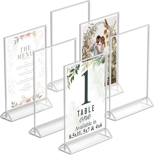 Silver Picture Frames Double-Sided, 6-Pack 5x7 Acrylic Table Number Holders, Clear Easel Stands for Signs, Silver Frames for Wedding Table Numbers, Menu Holders, Photo Displays for Events and Décor