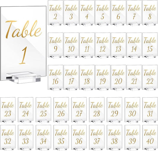 40 Pack Gold Acrylic Wedding Table Numbers 1-40 Clear Stand with Calligraphy Holders - 4 x 6 Inch Acrylic Table Signs for Wedding Reception Centerpieces