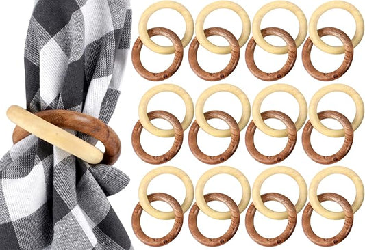 Farmhouse Napkin Ring Set of 12 - Wooden Napkin Holders for Dining Table, Everyday Use, Thanksgiving, Holiday, Christmas, Festive, Party, Gift, Décor (Shades of Brown) - CLEENTABLE