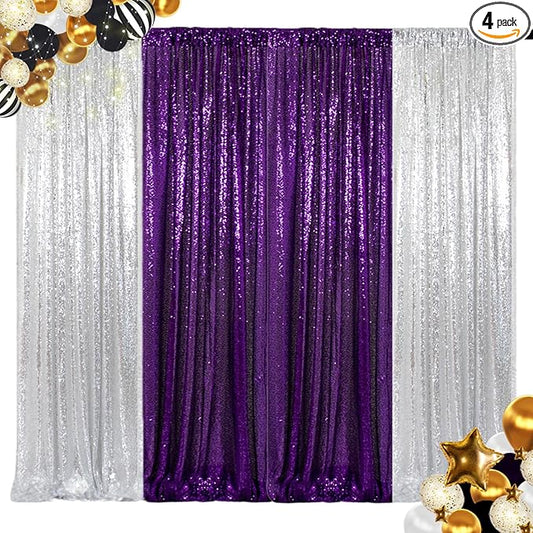 ShinyBeauty Purple and Silver Sequin Backdrop Curtains, 4 Panels 2FTx8FT, Photograph Backdrop Sparkle Backdrop Luxurious Wedding Birthday Background Drapes