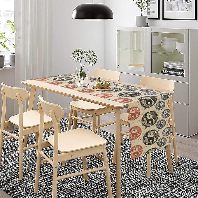Yin Yang Table Runner, Vintage Mid Century Traditional Oriental Koi Fish Mystical Celestial Moon Stars Print Table Runner for Kitchen Dining Table Party Decor, 13x60inch