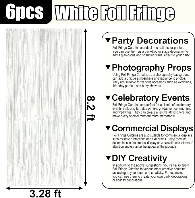 6 Pack White Foil Fringe Curtain Backdrop, 3.28Ft x 8.2Ft Metallic Tinsel Foil Fringe Streamer Curtains for Photo Booth, Birthday, Wedding, New Year Party Decorations