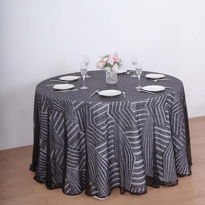Efavormart 120" Black Sparkly Sequin Geometric Tulle Round Tablecloth