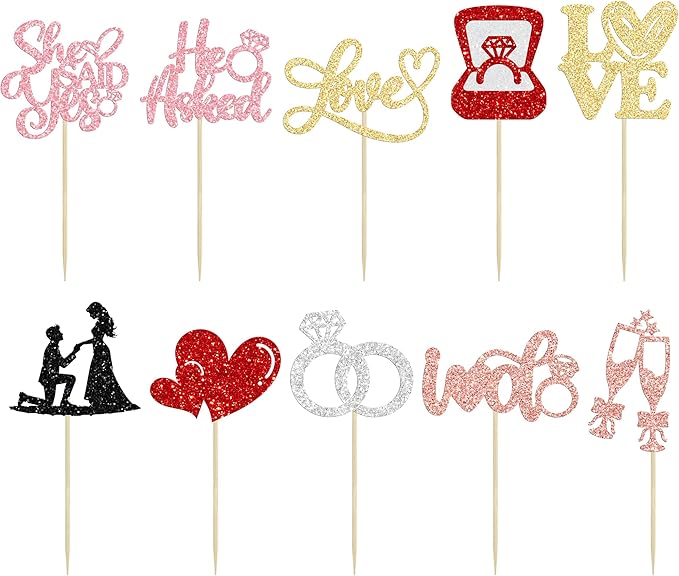 Ephlyn 30Pcs He Asked She Said Yes Cupcake Toppers Glitter Engagement Cupcake Toppers Diamond Ring Heart Love I Do Cupcake Picks for Engagement Wedding Party Cake Decorations Multicolor