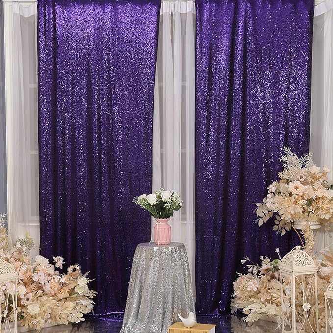 Poise3EHome 2Pcs 3Ft x 8Ft Purple Sequin Backdrop Curtain, Glitter Photography Background, Sequence Xmas Thanksgiving Backdrop for Wedding Party Holiday Festival Decor