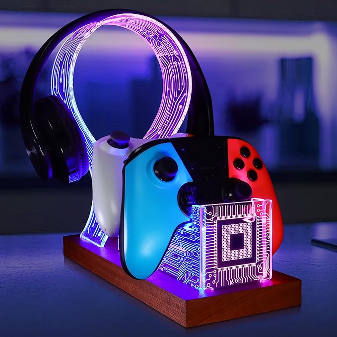 YuanDian Gamer Gifts for Teenage Boy, Desk Gaming Headset and Controller Stand with Blue Pink LED Night Light, Acrylic Wooden Controller Holder with PCB Pattern, Desk Decor Gift