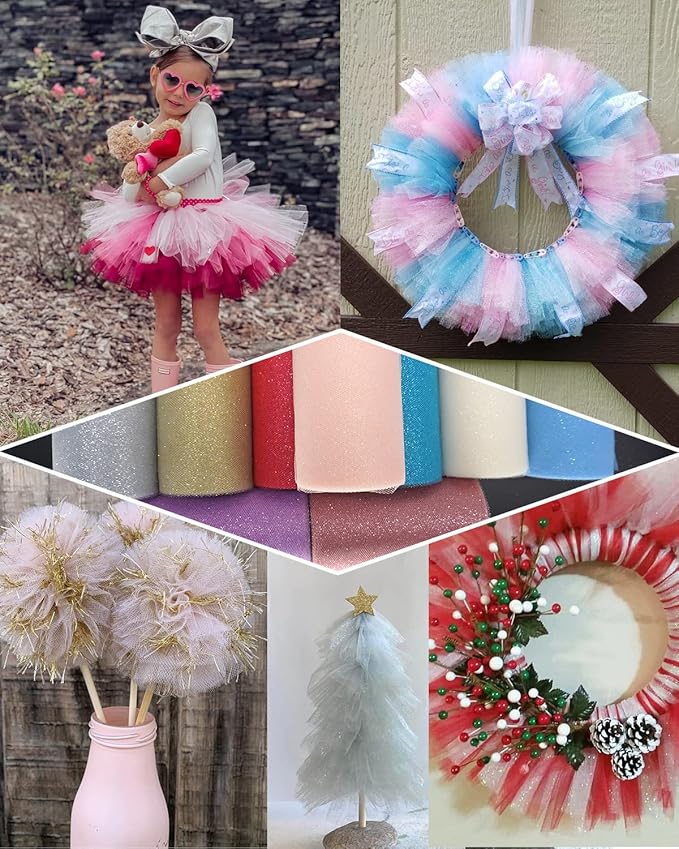 Glitter Tulle Fabric Rolls, 6 Inch 50 Yards (150ft) Sparkling Spool Ribbon Sequin Netting for Tutu Skirt Gift Wrapping Wedding Party Decoration (Silver)