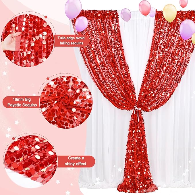 4ftx8ft Red Sequin Backdrop 2 Panels Big Payette Sequin Fabric Background for Birthday Party Photography Decorations