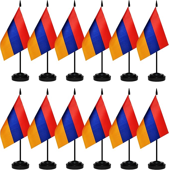 12 Pack Armenia Desk Flags Set, Armenian Small Mini Table Office Flags With 12" Solid Black Pole, Black Base and Spear Top, Miniature Desktop Flag, Home Decoration, Office Decoration, Festival