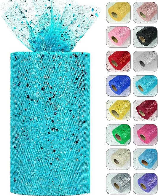 Glitter Tulle Rolls, 6” by 50 Yards (150FT) Sparkling Tulle Spool Ribbon Sequin Tulle Netting Fabric for Tutu Skirt Wedding Birthday Baby Shower (Peacock)