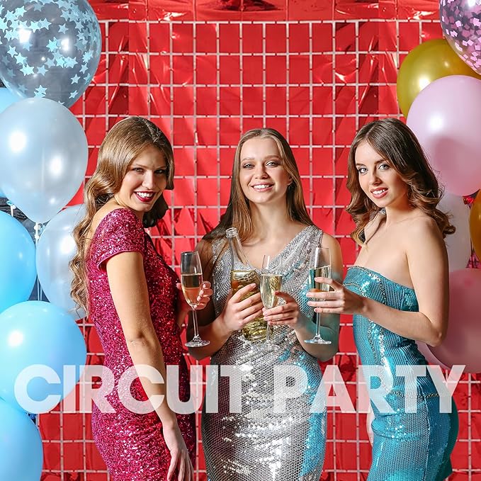 2 Pcs Red Foil Fringe Square Curtain Backdrop - Blue Streamers Party Decorations, Sequin Square Curtain Photo Backdrop Props for Birthday Party Graduation Bachelorette Wedding Decor, 3.3 x 6.6 Ft