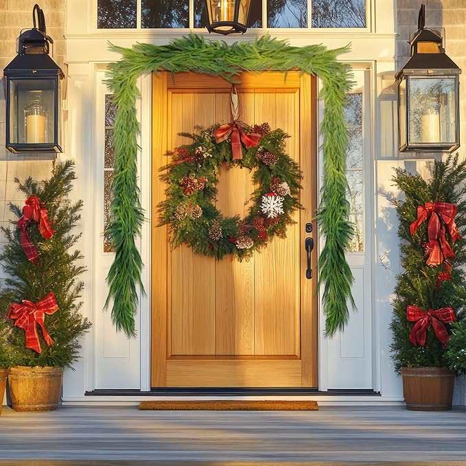 3 Pcs Artificial Norfolk Pine Garlands Christmas, 6 FT Dense Real Touch Winter Pine Garland Ornament, Green Artificial Greenery Garland for Table, Mantle, Wall, Indoor, Outdoor Christmas Decorations