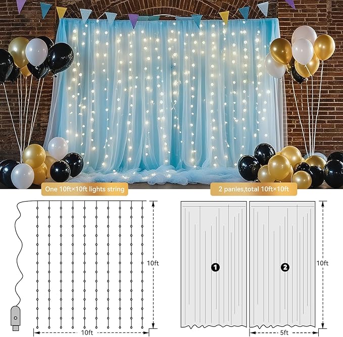 10×10ft Tulle Backdrop Curtains with Lights String - 300LED Fairy Lights Sheer Curtain Backdrop for Weddings Baby Shower and Birthday Party Decorations(8 Panels 5×10ft)