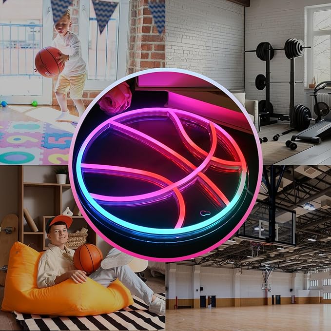 Wanxing Basketball Neon Sign with RGB Sports Neon Lights with Dynamic LED Basketball Wall Althtic Decor in College Room Light Up Themed Gym Gift for Teens in Christmas Party