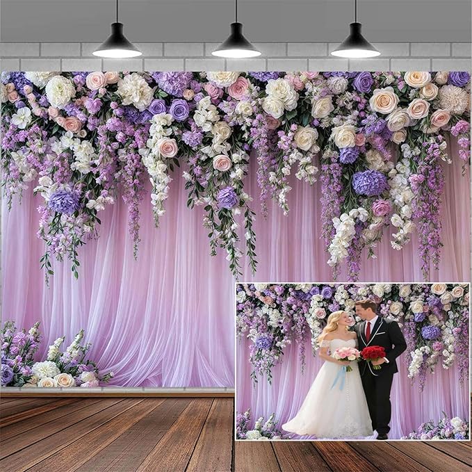 9x6ft Purple Lavender Floral Bridal Backdrop Wedding Flower Photography Backdrop for Girl Portrait Baby Shower Birthday Party Decor Banner Mother's Day Party Wall Backdrop Studio Photo Backgrounds