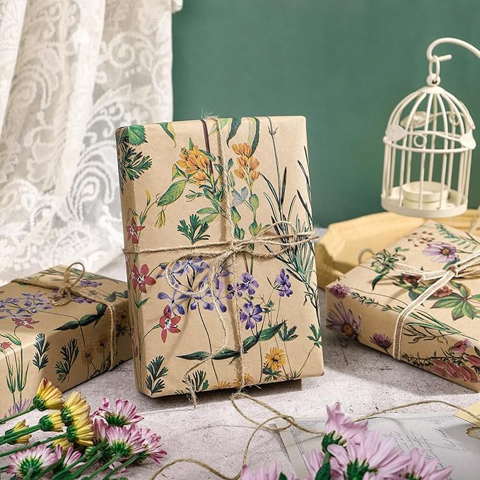 RUSPEPA 30" X 32.8' Wildflower Floral Wrapping Large Kraft Paper Roll for Women, Jumbo Roll, Herbal Kraft Wrapping Paper for Christian Gifts, Birthdays, Weddings, Bridal Shower, Engagement, 82 sq.ft