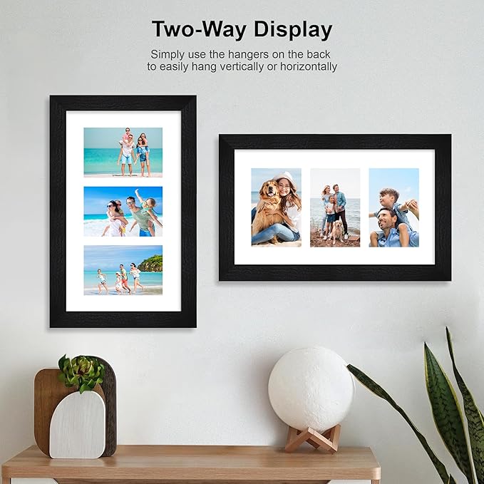 8x14 Picture Frame Set of 2, Rustic Black Wood Frame with Glass Collage Frame, Display Pictures 3-4x6 With Mat or 8 x 14 Without Mat - Horizontal or Vertical Wall Mounting