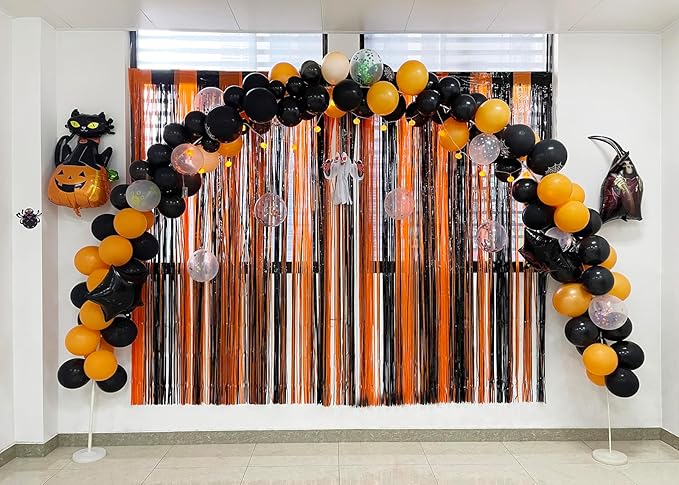 Melsan Halloween Decorations Tinsel Backdrop Foil Fringe Curtains, 3.2 ft x 8.2 ft Black Orange Metallic Foil Curtains for Halloween Party Photo Booth Props Decorations, 2 Pack