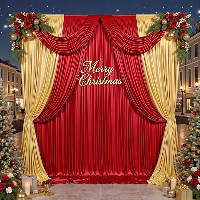 PartyVillage 20x10FT Red Sequin Christmas Backdrop Curtain -4 Panels 5x10FT Wrinkle Free Shimmer Back Drop Cloth, Glitter Backdrop Drapes for Photography, Birthday, Wedding, Christmas Background