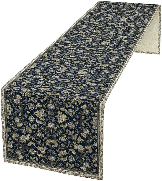 Vintage Boho Floral Table Runner, Morris Rustic Country Farmhouse Dark Blue Grey Retro Flower Pattern for Home Kitchen Table Decor Dining Coffee Room Party Decor 13x120in