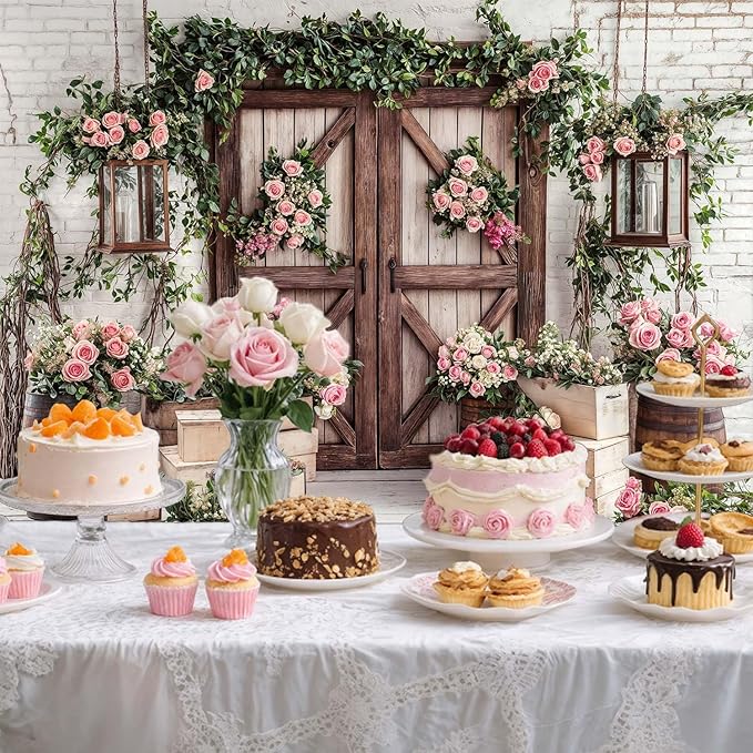 10x10ft Country Wedding Photography Backdrop Floral Rustic Roses Farmhouse Wooden Door Backdrop Pink Flower Birthday Baby Shower Wedding Bridal Party Banner Photo Booth Props Anniversary Background