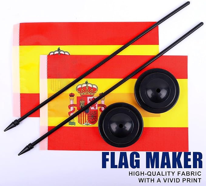 Spain Desk Flag 12" Solid Pole Deluxe Set Spanish Flags Banner Mini Small Spain Office Table Flags with Black Stand Base Desktop Decorations(2Pack)
