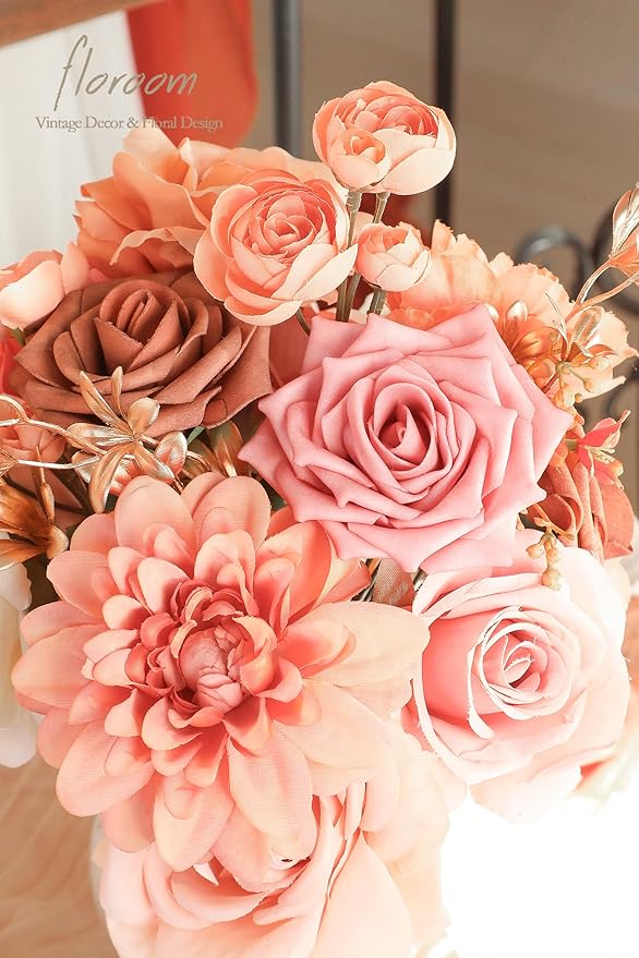 Floroom Terracotta Artificial Flowers Burnt Orange Fake Roses Dahlias and Greenery Combo Box Set for DIY Wedding Bouquets Bridal Shower Centerpieces Floral Arrangements Party Tables Home Decorations