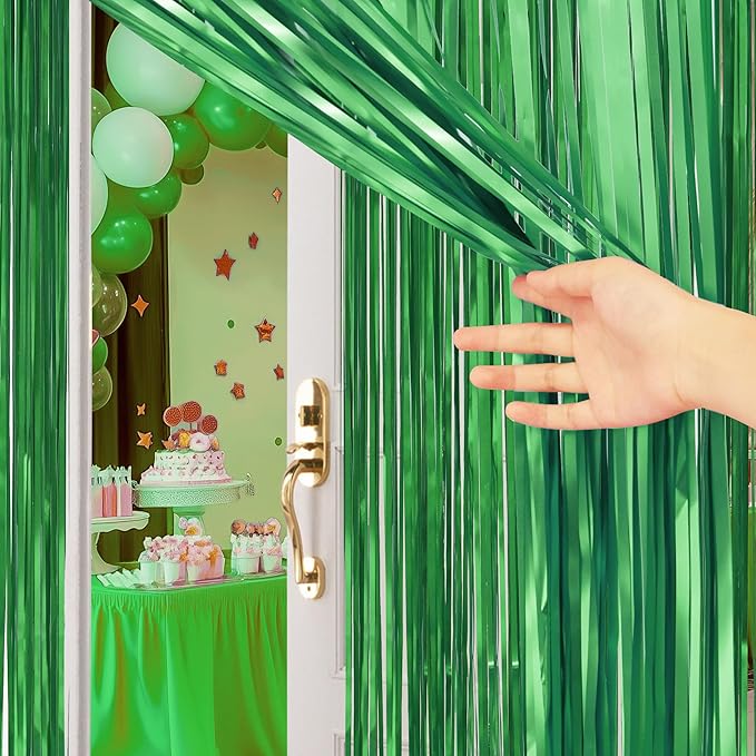2 Pack Metallic Green Fringe Backdrop, 3.2x8.2ft Shining Foil Tinsel Curtains, Birthday Party Decorations Door Streamers for Halloween, Christmas, Wedding, Graduation, Holiday, Theme Events
