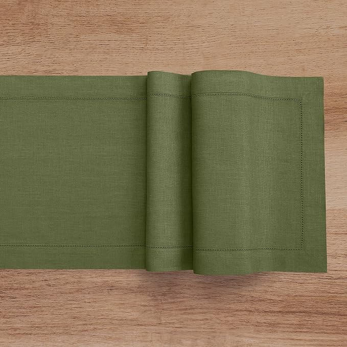 Solino Home Linen Olive Table Runner 144 Inches Long - 100% Pure Linen Extra Long Table Runner 14 x 144 Inch for Fall, Autumn, Thanksgiving - Classic Hemstitch