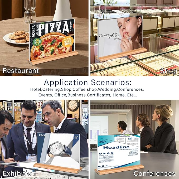 Kersally Acrylic Sign Holder 11 x 8.5'', 4 Pack Double-Sided Clear Table Display Stands with Wood Base,Horizontal Acrylic Frame Menu Flyer Paper Holder for Store, Restaurant, Hotel, Office, Show Fair