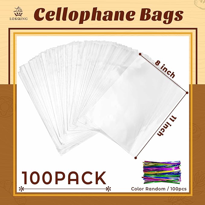 LOKIQNG Cellophane Bags Plastic Gift Bag Clear Cookie Treat Bags with Twist Ties for Party Favor Bag(100PACK, 8x11inch)