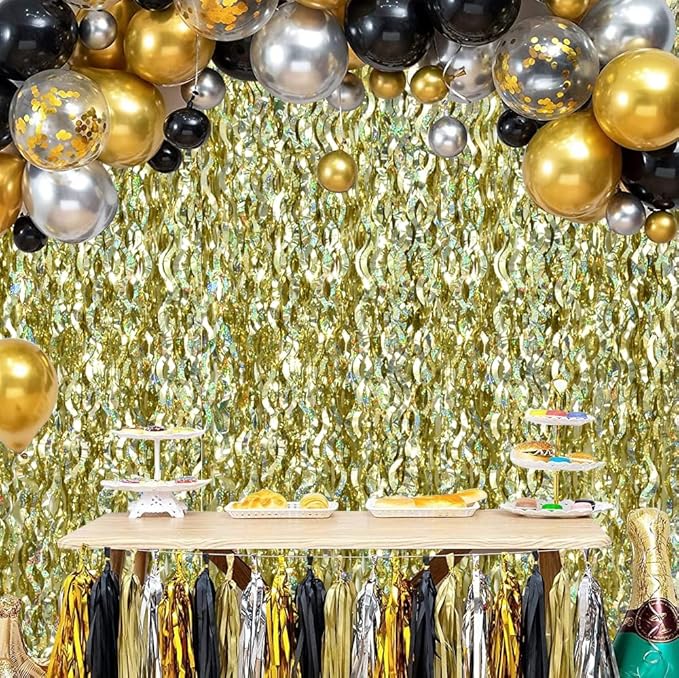TONIFUL 3Pcs Wavy Metallic Tinsel Foil Fringe Curtains Champagne Gold Streamer Backdrop for Photo Booth Props,Party Door Wall Curtains Bachelorette Wedding Birthday New Year Decor (9.9ft x 6.6ft)