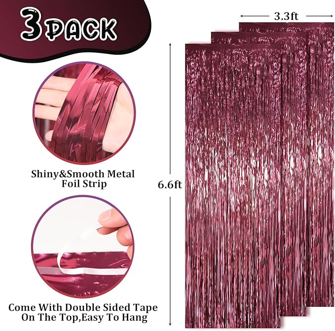 3 Pack 3.3 x 6.6 ft Burgundy Foil Fringe Backdrop Curtains, Tinsel Streamers Party Decorations, Fringe Backdrop for Birthday, Baby Shower, Gender Reveal, Graduation