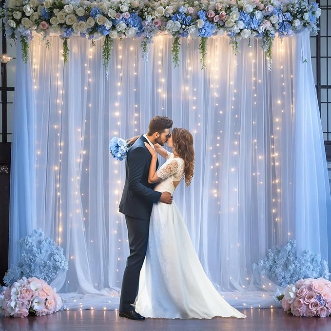 Blue Tulle Backdrop Curtains with Lights String for Parites Baby Shower 20×8ft Blue Sheer Backdrop Curtains Drapes for Bridal Shower Birthday Party Photo Shoot Background Decorations(4 Panels 5×8ft)