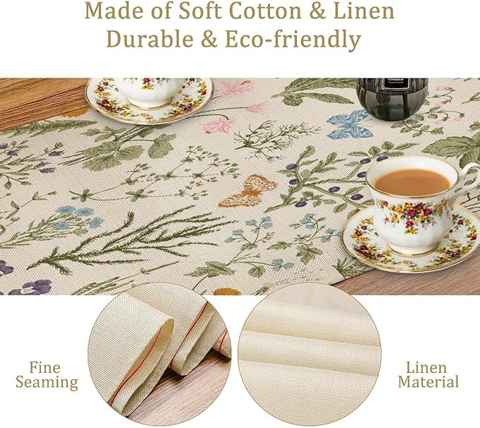 Floral Botanical Table Runner, Garden Spring Flower Botanical Butterfly Animal for Restaurant, Kitchen, Wedding, Party Rectangular Table Runner Decoration,13in（33cm） W * 36in（92cm） L
