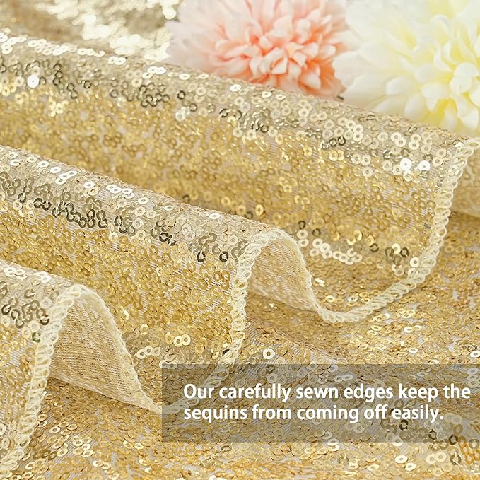 QueenDream Light Gold Sequin Decorative Party Tablecloth: Large Shimmer Dessert Table Overlay 90x132 Inch Dinner Table Drapes Cocktail Xmas Decor