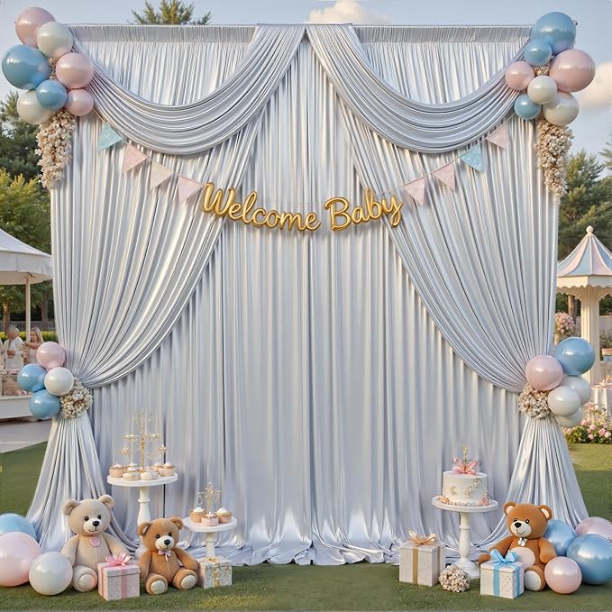 PartyVillage 10x10FT Silver Sequin Backdrop Curtain -2 Panels 5x10FT Wrinkle Free Shimmer Back Drop Cloth, Glitter Backdrop Drapes for Photography, Birthday, Wedding, Graduation Background